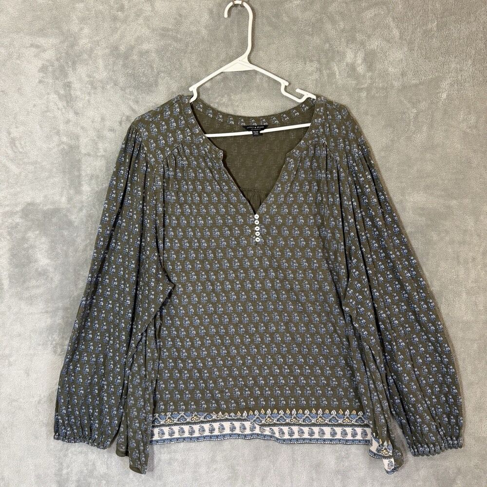 Lucky Brand Womens Plus 2X Green Floral Embroidered Boho Tunic Blouse L/S Top